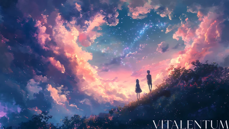 Stargazing silhouettes under luminous nebula sunset sky