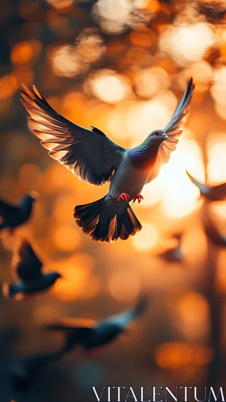Gentle dove gliding through sunset light and soft bokeh glow.