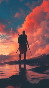 Silhouetted warrior at chromatic sunset with reflective waterplane.