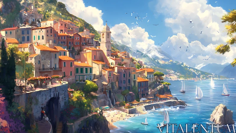 Coastal hillside town with harbor, cliffs and distant mountains.