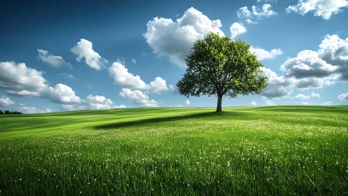 Solitary green tree resting under a wide blue summer sky.
