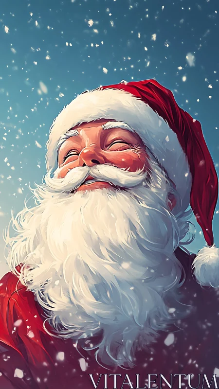 Joyful Santa lifts his smiling face to a peaceful winter sky