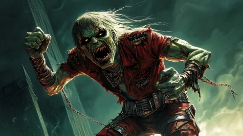 Digital painting of feral undead rocker in dynamic perspective.