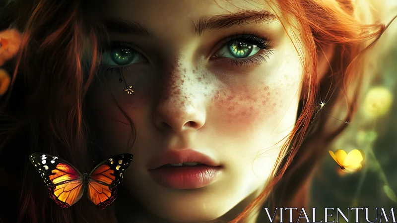 Freckled redhead gazes at bright butterflies in soft focus