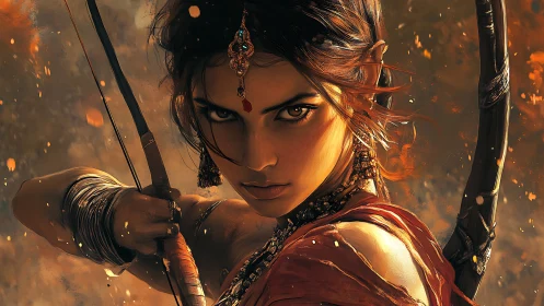 Focused female archer in ornate attire amid embers.