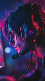 Neon-lit gamer lost in focus at a glowing night desk.