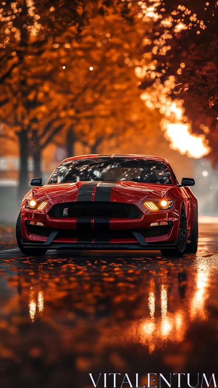 Red sports car sits on wet street under orange autumn trees
