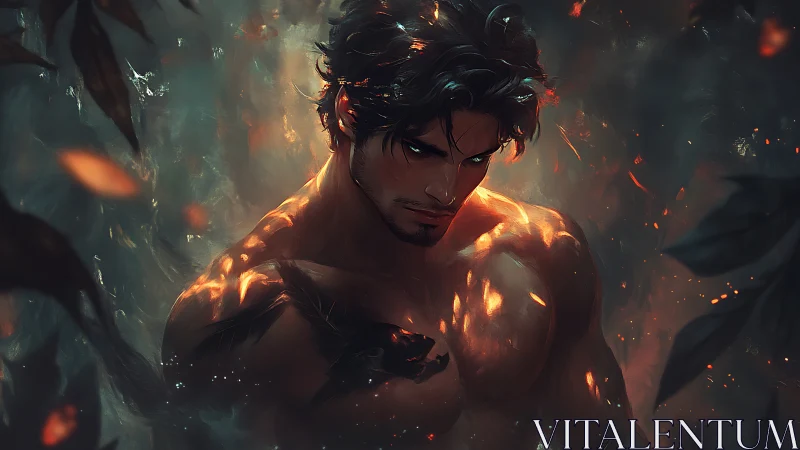 Brooding firelit guardian wrapped in embers and shadows.