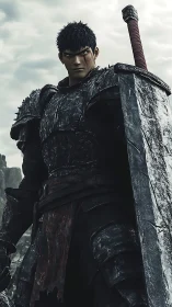 Armored warrior stands in rocky landscape holding massive sword
