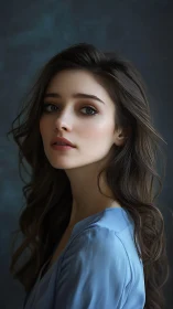 Portrait shows young woman in blue dress under soft light