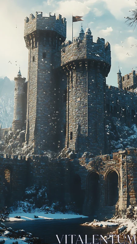 Snowlit medieval fortress tower above frozen river scene.