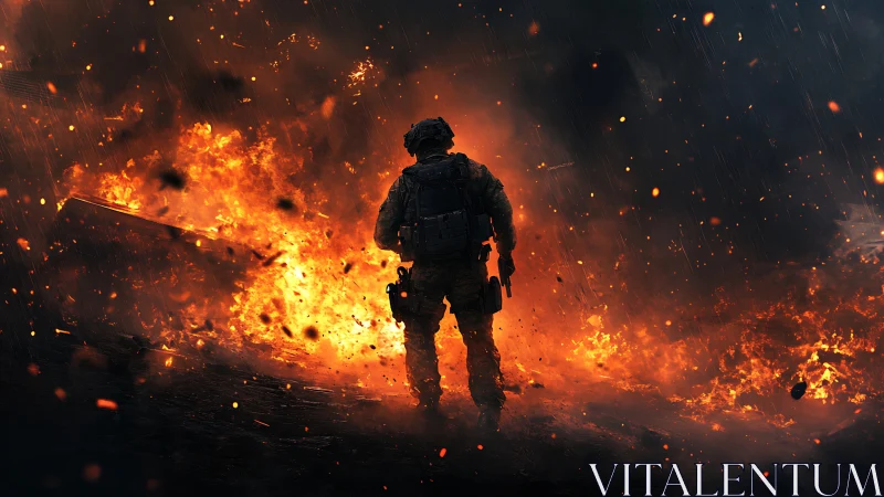 Tactical Operative Silhouette Against Massive Destructive Inferno Explosion