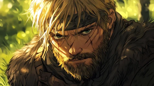 Battleworn ranger in sunlit forest glare, eyes unyielding.