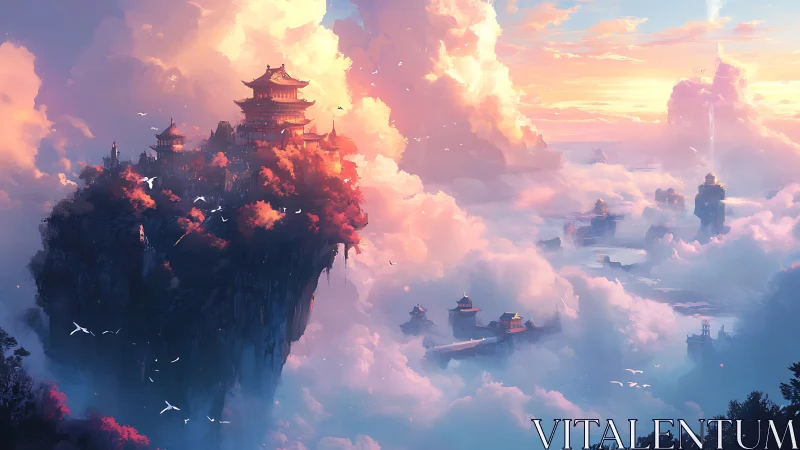Floating sunset temples above luminous cloud kingdom.