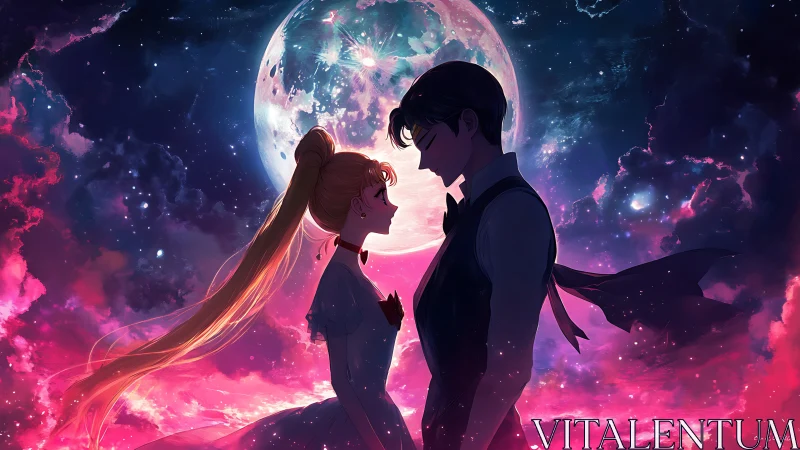 Moonlit lovers in glowing nebula sky embrace in silhouette.