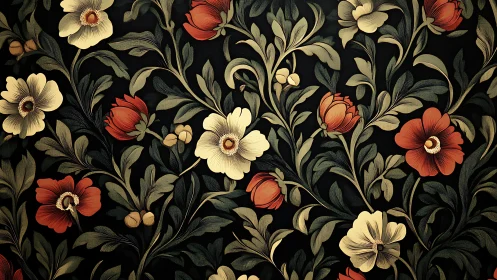 Botanical Reverie: Crimson Blooms Dance Among Ivory Flowers on Ebony