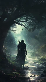 Armored wanderer in rain-soaked forest ravine under diffused backlight