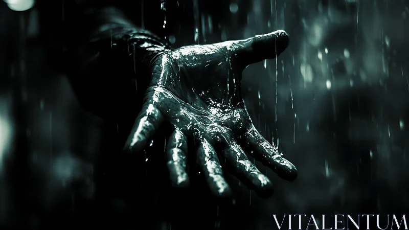 Rain-slicked palm reaches into darkness and catches falling light