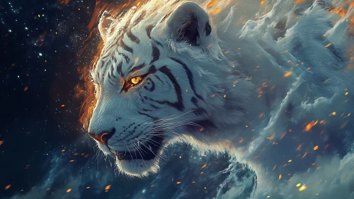 Luminous white tiger emerging from nebular storm with embers
