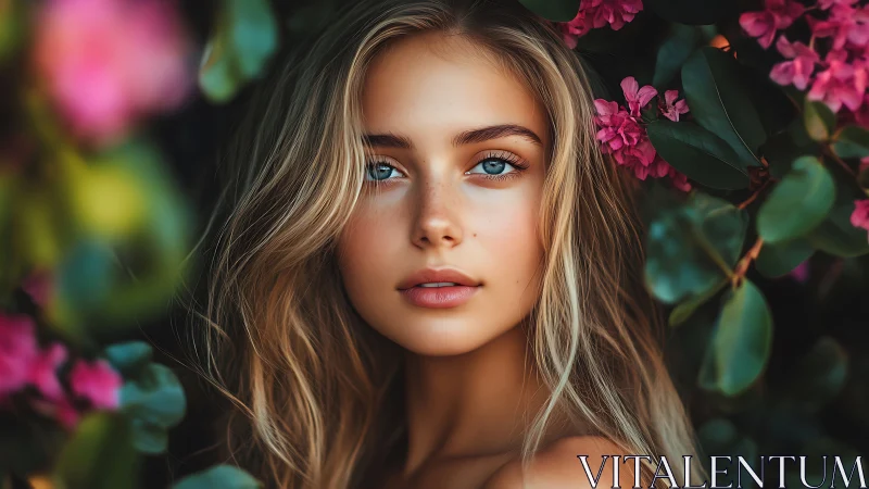Serene blue-eyed woman framed by vivid blooming flowers.