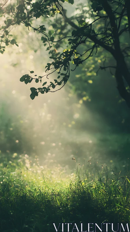 Dappled forest clearing in soft atmospheric sunlight glow.