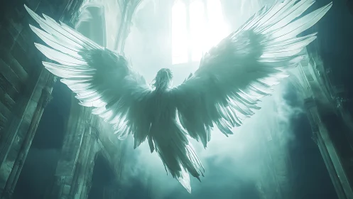Radiant angelic figure ascends through luminous cathedral light.