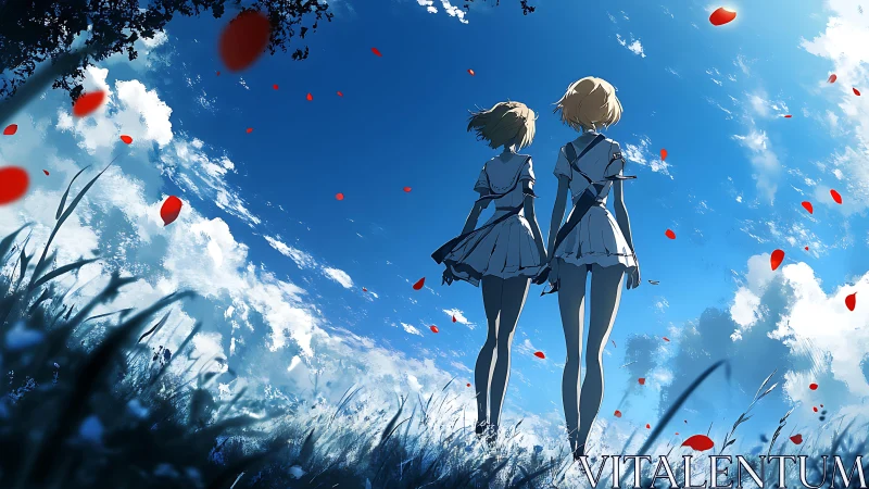 Twin girls in windswept meadow beneath vivid azure sky.