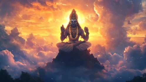 Skyborne deity meditating in molten sunset cloudscape.