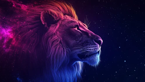 Neon cosmic lion profile in dual-tone digital painting.