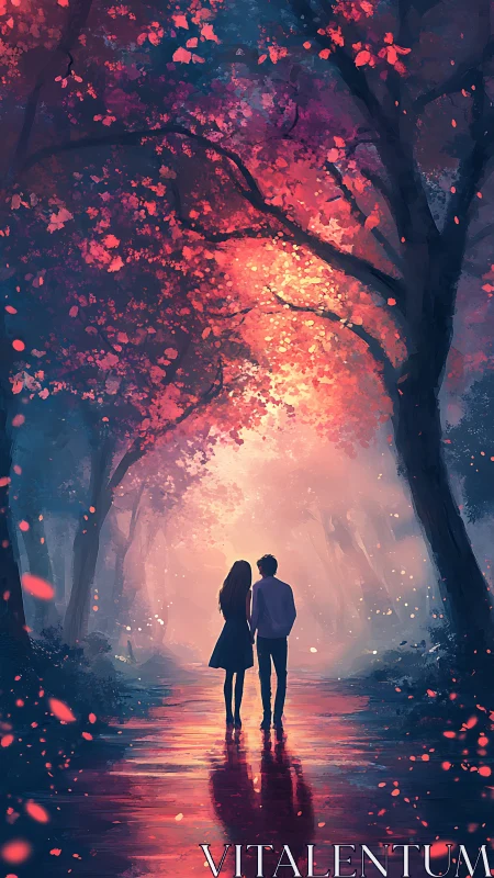 Two silhouettes stand beneath crimson foliage in glowing mist.