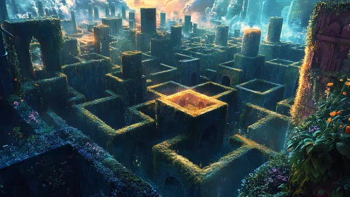 Sunlit ivy labyrinth guarding a secret golden courtyard.