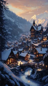 Cozy winter mountain village with glowing wooden cabins.