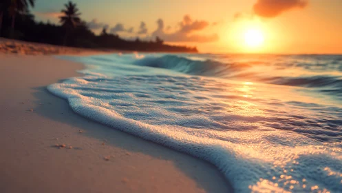 Sunlit shoreline where gentle waves whisper goodnight.