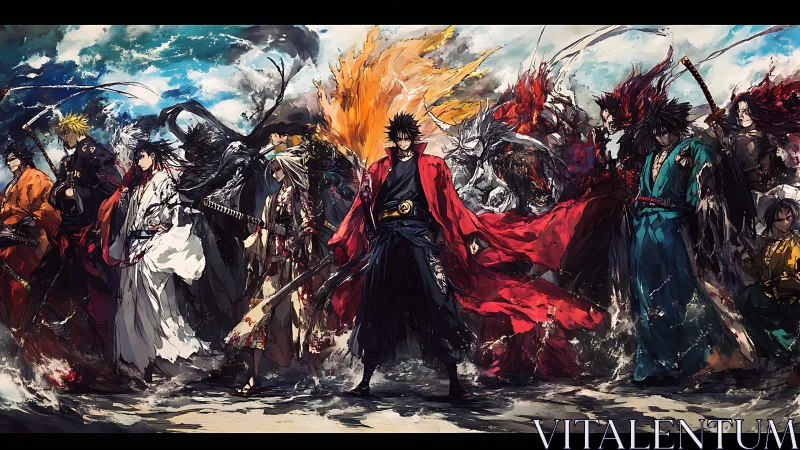 Warriors of flame and shadow gather before an oncoming storm