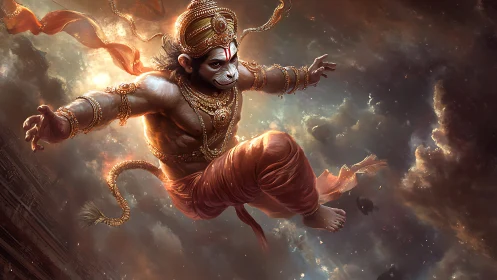 Mighty monkey warrior soars through glowing storm clouds