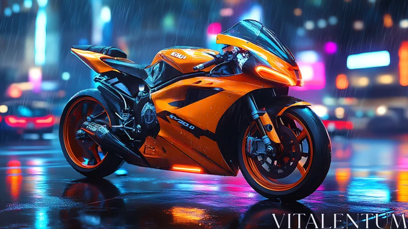 Neon orange superbike gleams under rainy cyberpunk city lights