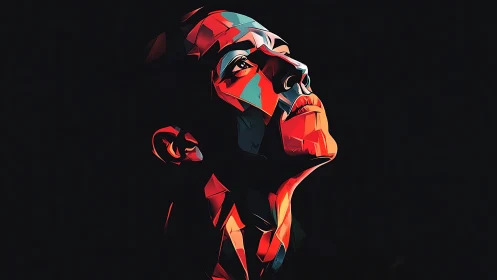 Geometric portrait of person gazing upward in darkness.