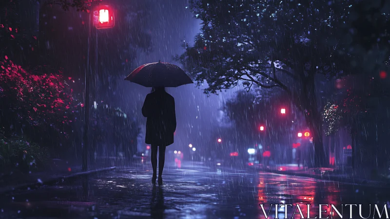 Solitary figure walks under neon lights in a night rainstorm.