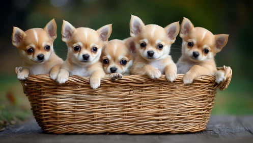 Five cream chihuahua puppies sit closely packed in wicker basket