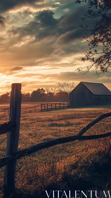 Photorealistic rural barn at sunrise with layered fencing lines.
