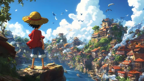 Straw-hat boy surveys dense riverside cliff city in bright daylight