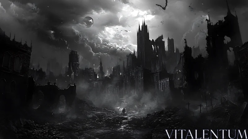 Ruined gothic city skyline stands under stormy moonlit clouds