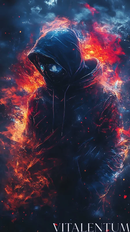 Hooded cyber figure stands amid swirling fire and smoke