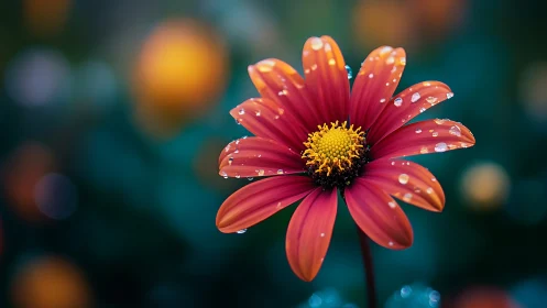 Crimson Gerbera with Dewdrops Against Bokeh Background.