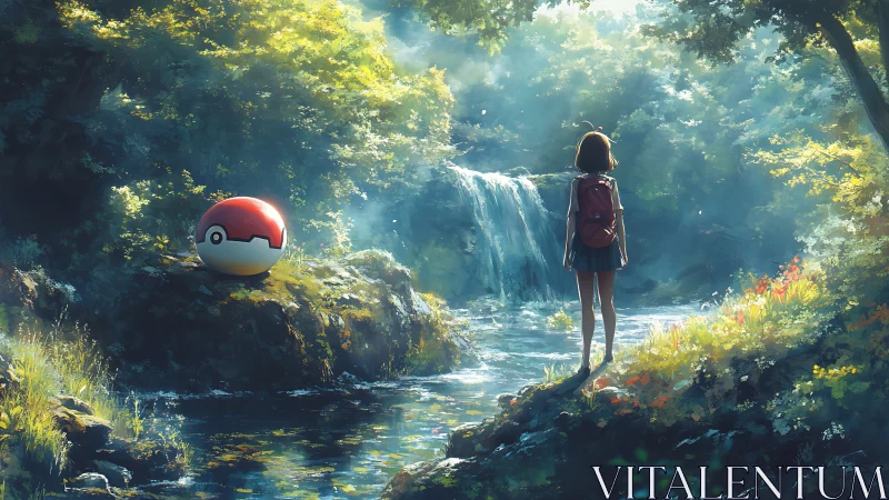 Anime explorer observing forest waterfall in soft rim light