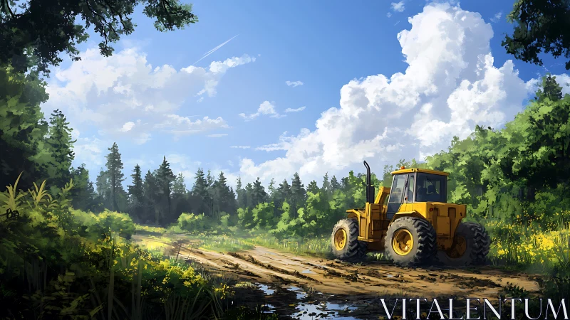 Sunny forest path welcomes a resting yellow tractor