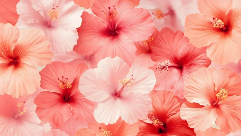 Coral hibiscus flowers in soft pink and red tones.