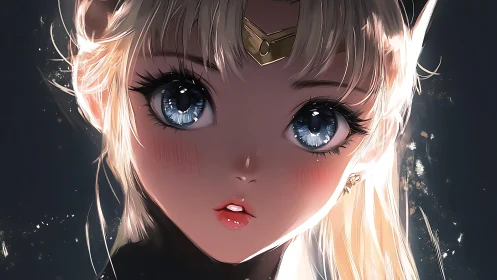 Blonde anime girl with blue eyes in dramatic close-up portrait.