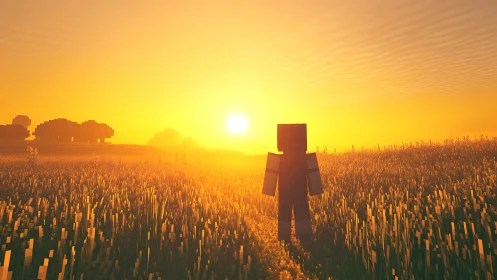 Voxel horizon study with volumetric sunlit wheatfield rendering.