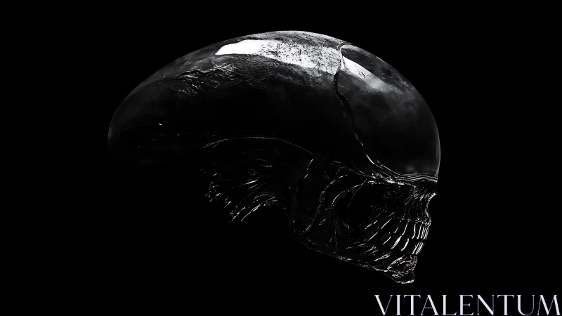 Xenomorph-inspired biomech skull with polished obsidian dome.